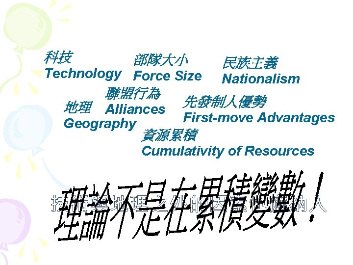 科技 部隊大小 Technology Force Size 聯盟行為 地理 Alliances Geography 民族主義 Nationalism 先發制人優勢 First-move Advantages 科技 部隊大小 Technology Force Size 聯盟行為 地理 Alliances Geography 民族主義 Nationalism 先發制人優勢 First-move Advantages