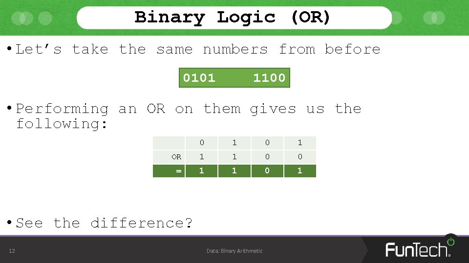Binary Logic (OR) • Let’s take the same numbers from before 0101 1100 •