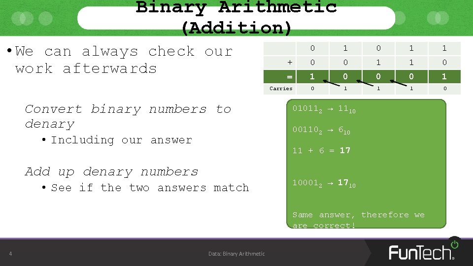 Binary Arithmetic (Addition) • We can always check our work afterwards Convert binary numbers