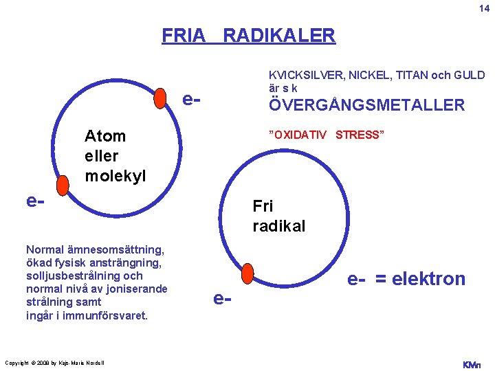 14 FRIA RADIKALER KVICKSILVER, NICKEL, TITAN och GULD är s k e- ÖVERGÅNGSMETALLER Atom