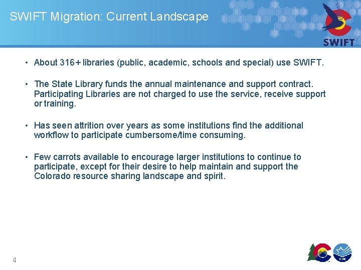 SWIFT Migration: Current Landscape • About 316+ libraries (public, academic, schools and special) use