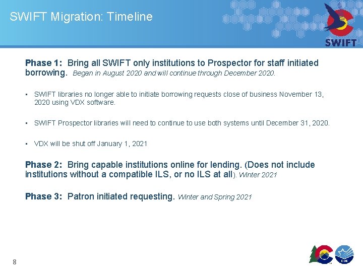 SWIFT Migration: Timeline Phase 1: Bring all SWIFT only institutions to Prospector for staff