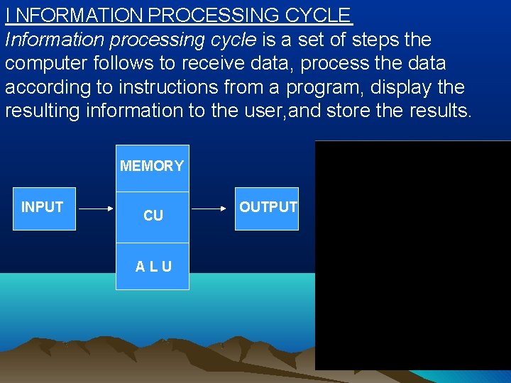 I. NFORMATION PROCESSING CYCLE Information processing cycle is a set of steps the computer