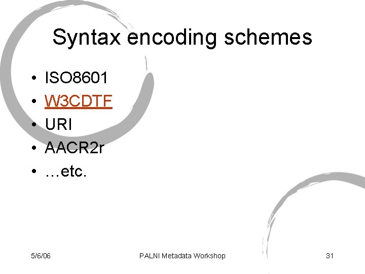 Syntax encoding schemes • • • ISO 8601 W 3 CDTF URI AACR 2