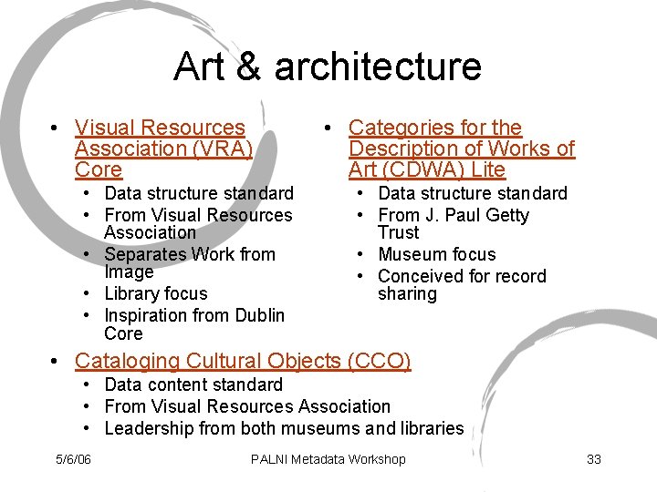 Art & architecture • Visual Resources Association (VRA) Core • Data structure standard •