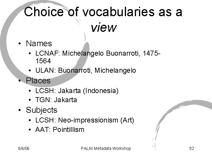 Choice of vocabularies as a view • Names • LCNAF: Michelangelo Buonarroti, 14751564 •