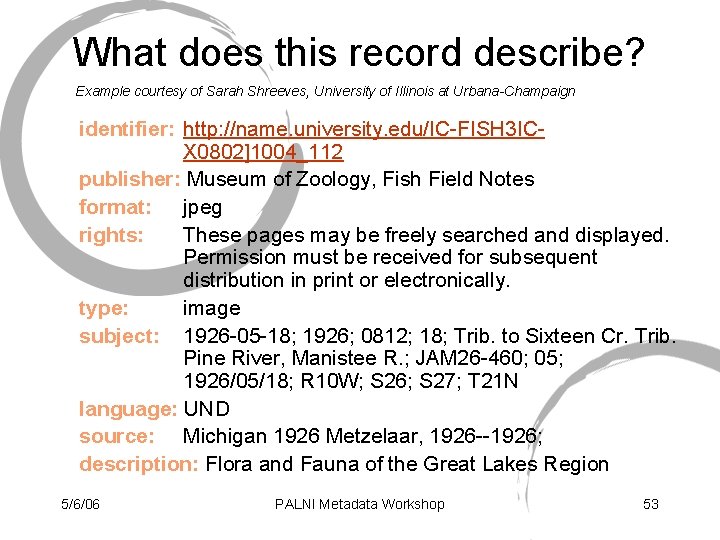 What does this record describe? Example courtesy of Sarah Shreeves, University of Illinois at