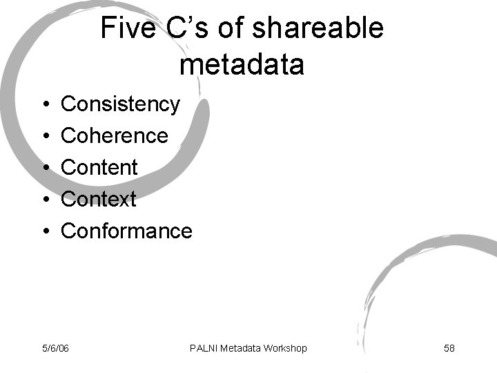 Five C’s of shareable metadata • • • Consistency Coherence Content Context Conformance 5/6/06