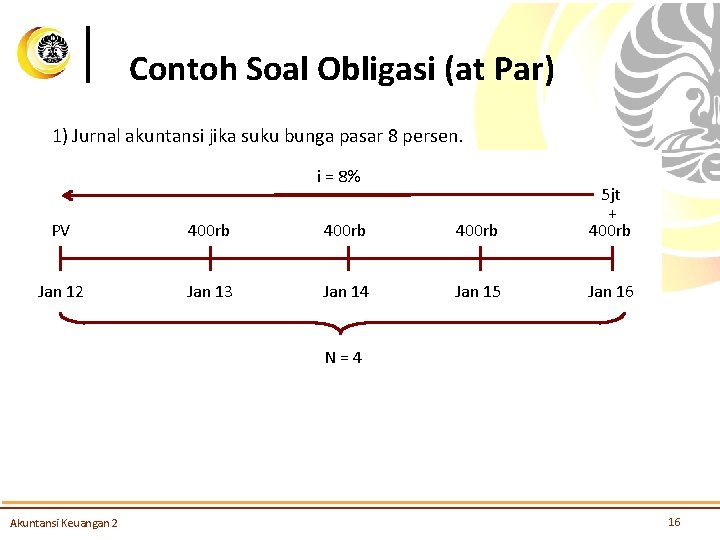 Contoh Soal Obligasi (at Par) 1) Jurnal akuntansi jika suku bunga pasar 8 persen.