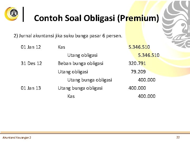 Contoh Soal Obligasi (Premium) 2) Jurnal akuntansi jika suku bunga pasar 6 persen. 01