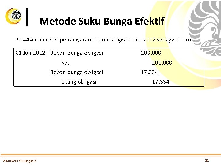 Metode Suku Bunga Efektif PT AAA mencatat pembayaran kupon tanggal 1 Juli 2012 sebagai