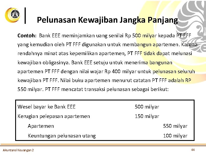 Pelunasan Kewajiban Jangka Panjang Contoh: Bank EEE meminjamkan uang senilai Rp 500 milyar kepada