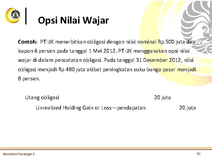 Opsi Nilai Wajar Contoh: PT IJK menerbitkan obligasi dengan nilai nominal Rp 500 juta