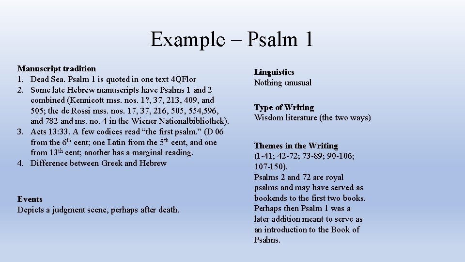 Example – Psalm 1 Manuscript tradition 1. Dead Sea. Psalm 1 is quoted in