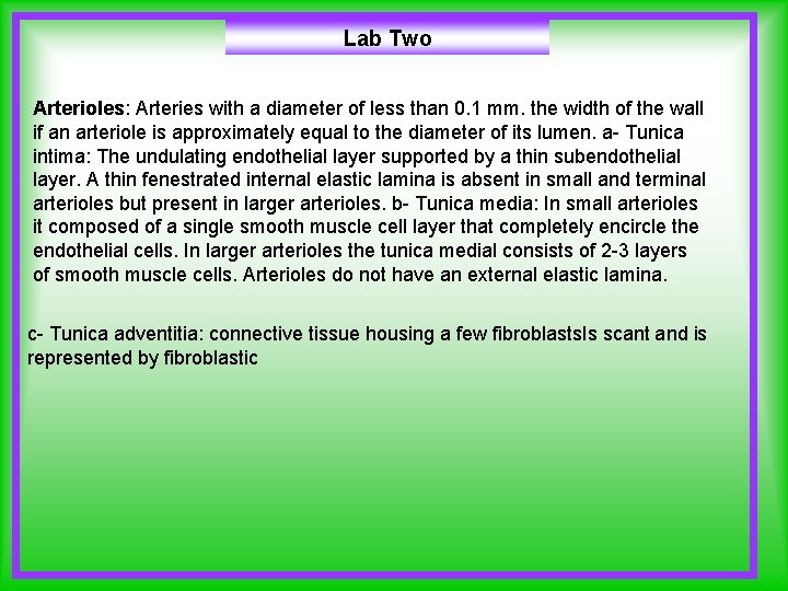 Lab Two Arterioles: Arteries with a diameter of less than 0. 1 mm. the