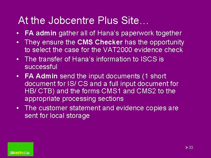 At the Jobcentre Plus Site… • FA admin gather all of Hana’s paperwork together