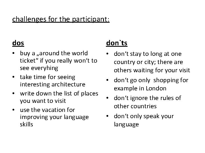 challenges for the participant: dos don`ts • buy a „around the world ticket“ if