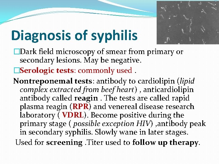 Diagnosis of syphilis �Dark field microscopy of smear from primary or secondary lesions. May