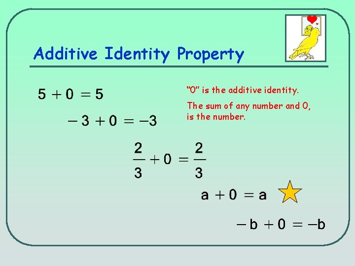 Additive Identity Property “ 0” is the additive identity. The sum of any number