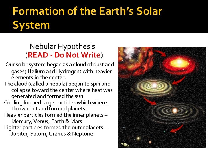 Formation of the Earth’s Solar System Nebular Hypothesis (READ - Do Not Write) Our