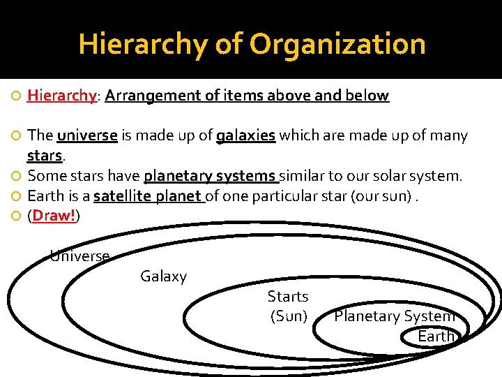 Hierarchy of Organization Hierarchy: Arrangement of items above and below The universe is made