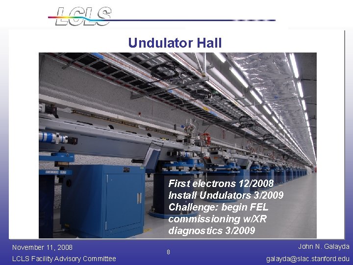 Undulator Hall First electrons 12/2008 Install Undulators 3/2009 Challenge: begin FEL commissioning w/XR diagnostics