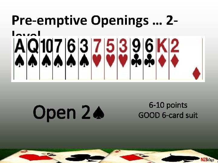 Pre-emptive Openings … 2 level Open 2 6 -10 points GOOD 6 -card suit