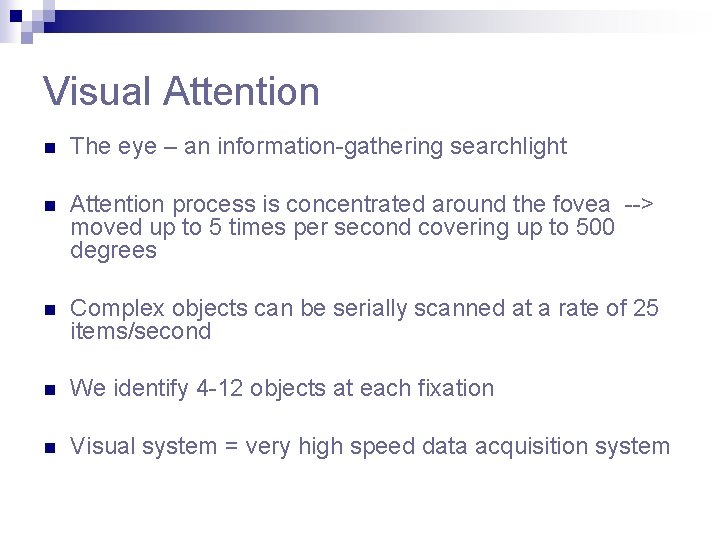 Visual Attention n The eye – an information-gathering searchlight n Attention process is concentrated