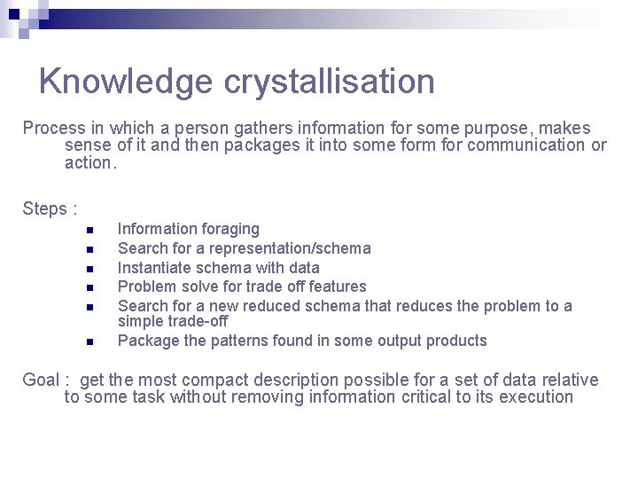 Knowledge crystallisation Process in which a person gathers information for some purpose, makes sense