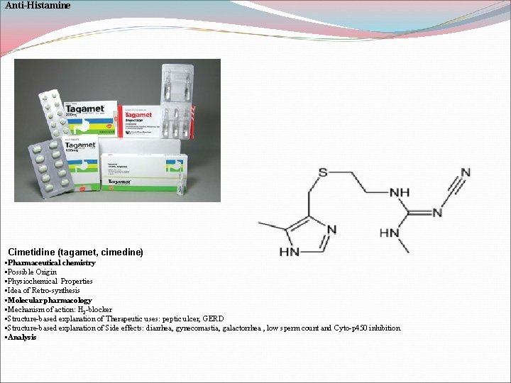 Anti-Histamine Cimetidine (tagamet, cimedine) • Pharmaceutical chemistry • Possible Origin • Physiochemical Properties •