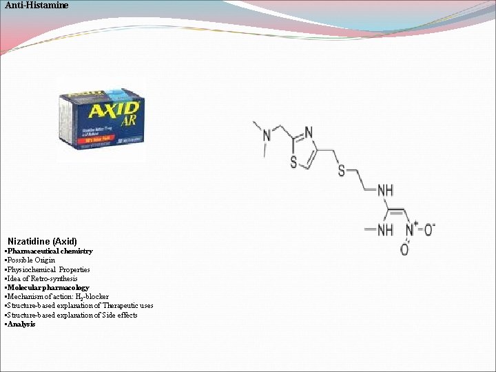 Anti-Histamine Nizatidine (Axid) • Pharmaceutical chemistry • Possible Origin • Physiochemical Properties • Idea