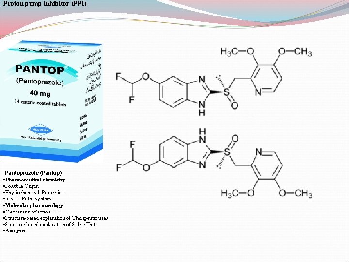Proton pump inhibitor (PPI) Pantoprazole (Pantop) • Pharmaceutical chemistry • Possible Origin • Physiochemical