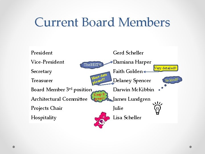 Current Board Members President Vice-President Gerd Scheller The BEST!!! Secretary Treasurer ta e da