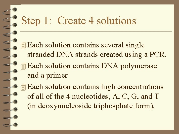Step 1: Create 4 solutions 4 Each solution contains several single stranded DNA strands