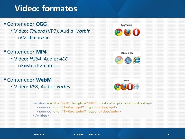 Video: formatos § Contenedor OGG • Video: Theora (VP 7), Audio: Vorbis o Calidad