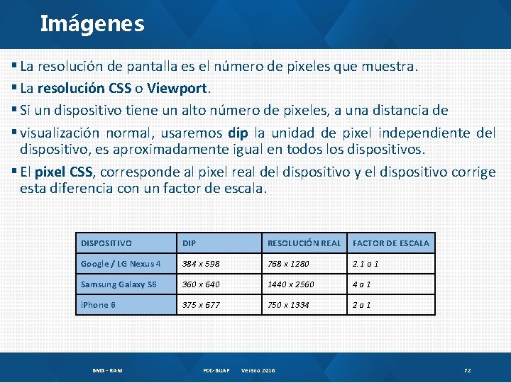 Imágenes § La resolución de pantalla es el número de pixeles que muestra. §