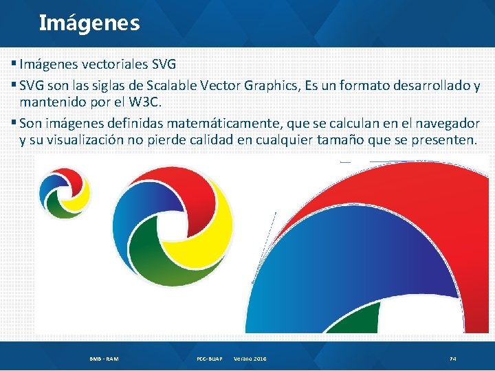 Imágenes § Imágenes vectoriales SVG § SVG son las siglas de Scalable Vector Graphics,