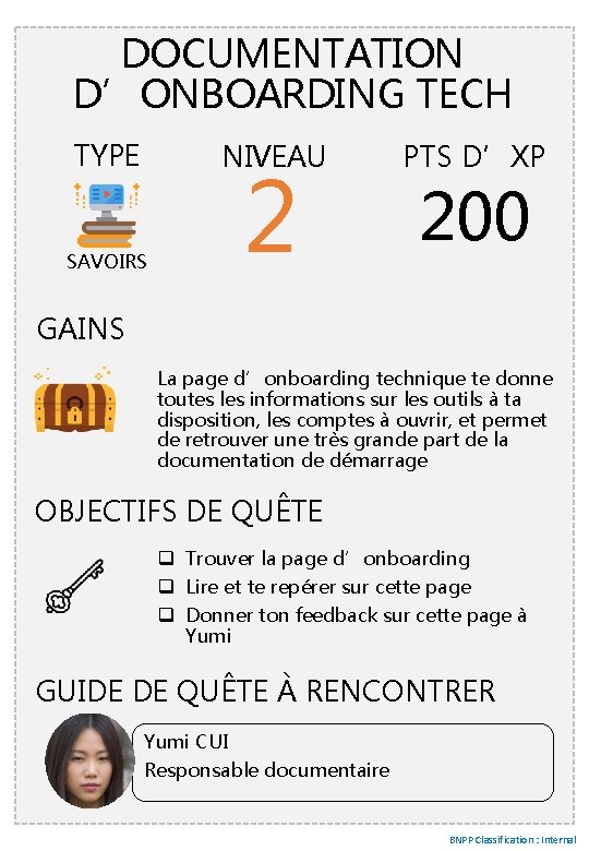 DOCUMENTATION D’ONBOARDING TECH TYPE NIVEAU 2 SAVOIRS PTS D’XP 200 GAINS La page d’onboarding