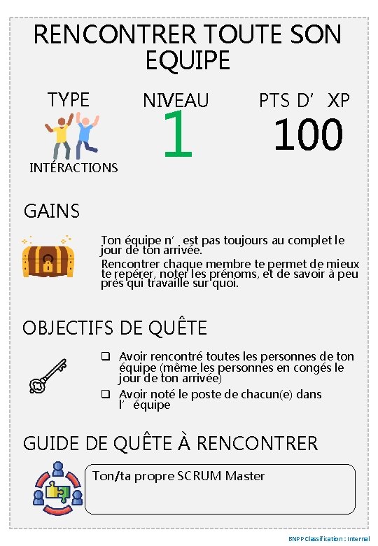 RENCONTRER TOUTE SON EQUIPE TYPE NIVEAU INTÉRACTIONS 1 PTS D’XP 100 GAINS Ton équipe