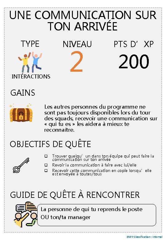 UNE COMMUNICATION SUR TON ARRIVÉE TYPE NIVEAU INTÉRACTIONS 2 PTS D’XP 200 GAINS Les