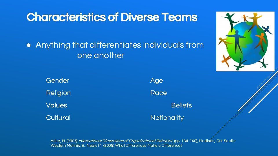 Characteristics of Diverse Teams ● Anything that differentiates individuals from one another Gender Age