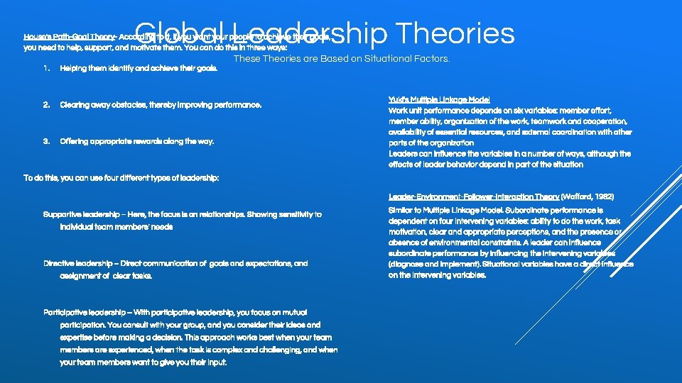 Global Leadership Theories House's Path-Goal Theory- According to it, if you want your people