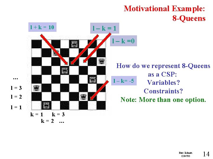 Motivational Example: 8 -Queens l + k = 10 l–k=1 l – k =0