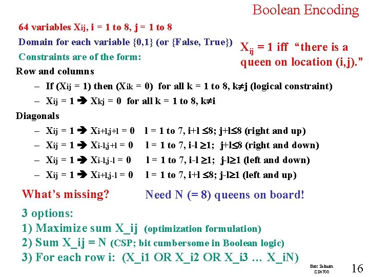 Boolean Encoding 64 variables Xij, i = 1 to 8, j = 1 to