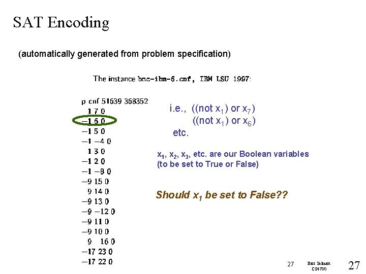 SAT Encoding (automatically generated from problem specification) i. e. , ((not x 1) or