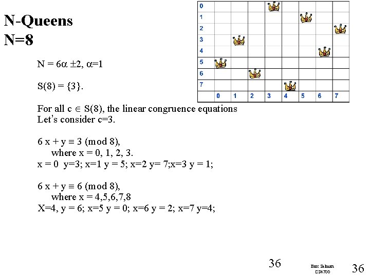 N-Queens N=8 N = 6 2, =1 S(8) = {3}. For all c S(8),