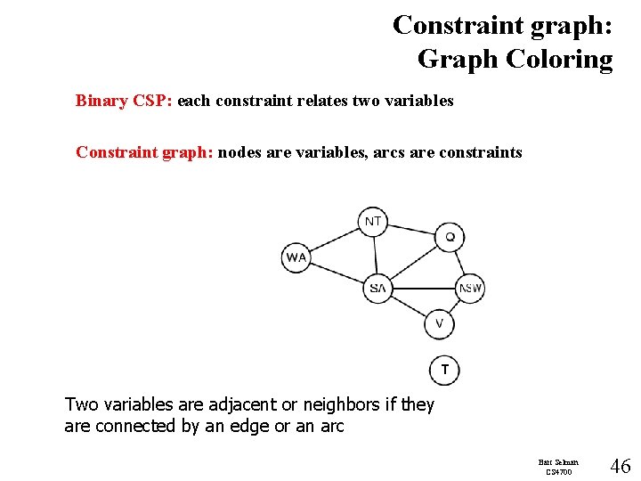 Constraint graph: Graph Coloring Binary CSP: each constraint relates two variables Constraint graph: nodes