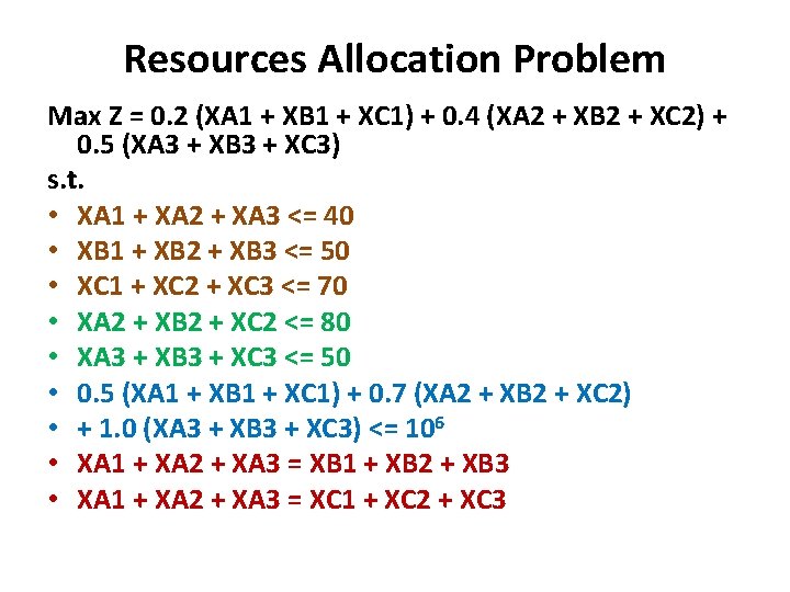 Resources Allocation Problem Max Z = 0. 2 (XA 1 + XB 1 +
