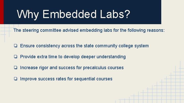 Why Embedded Labs? The steering committee advised embedding labs for the following reasons: ❏