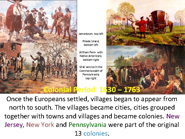 Jamestown, top left Rhode Island, bottom left William Penn with Native Americans, bottom right